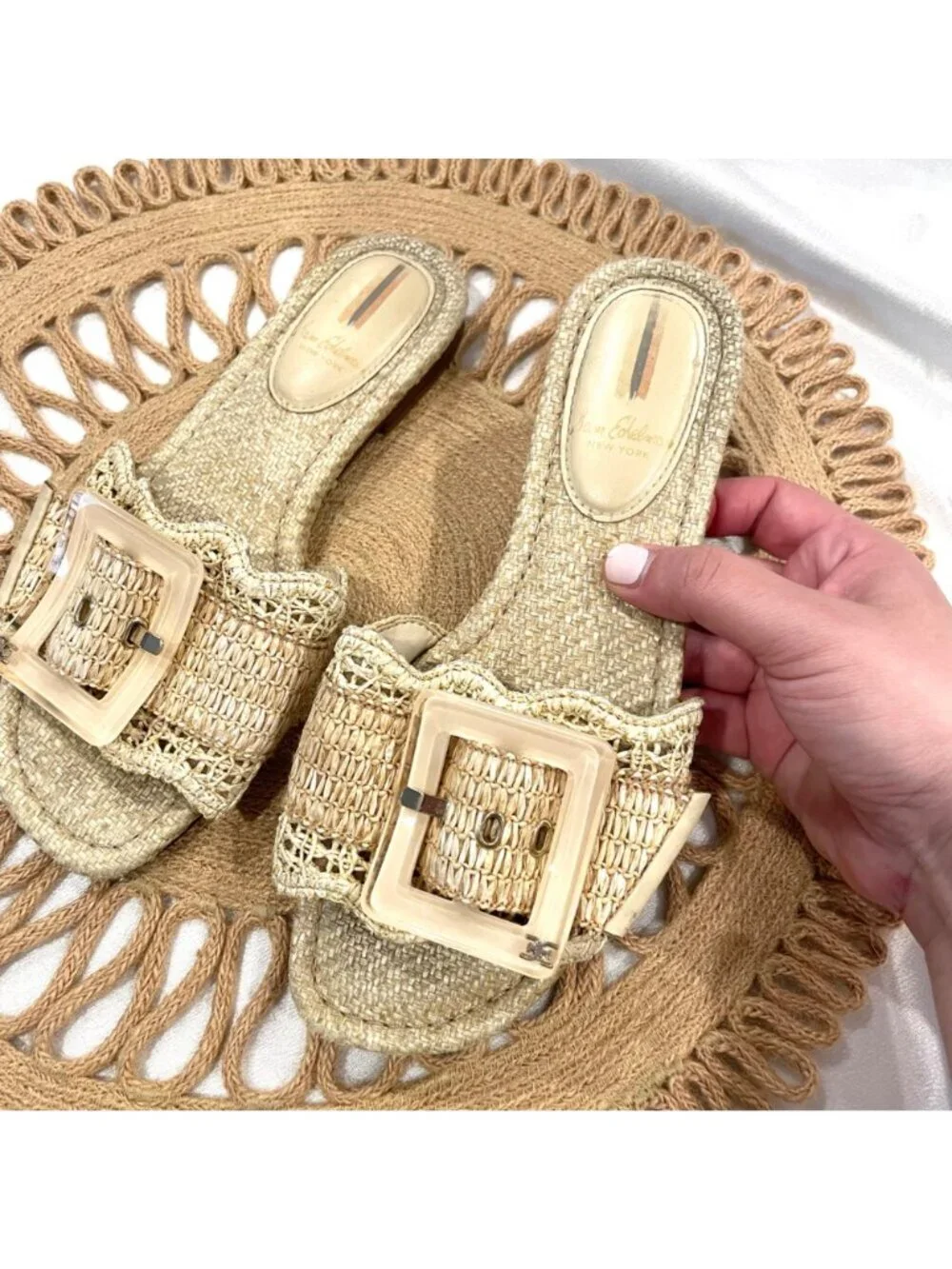 Sam Edelman Bambi Raffia Buckle Slide Sandal Tan Buttercup Size 6.5